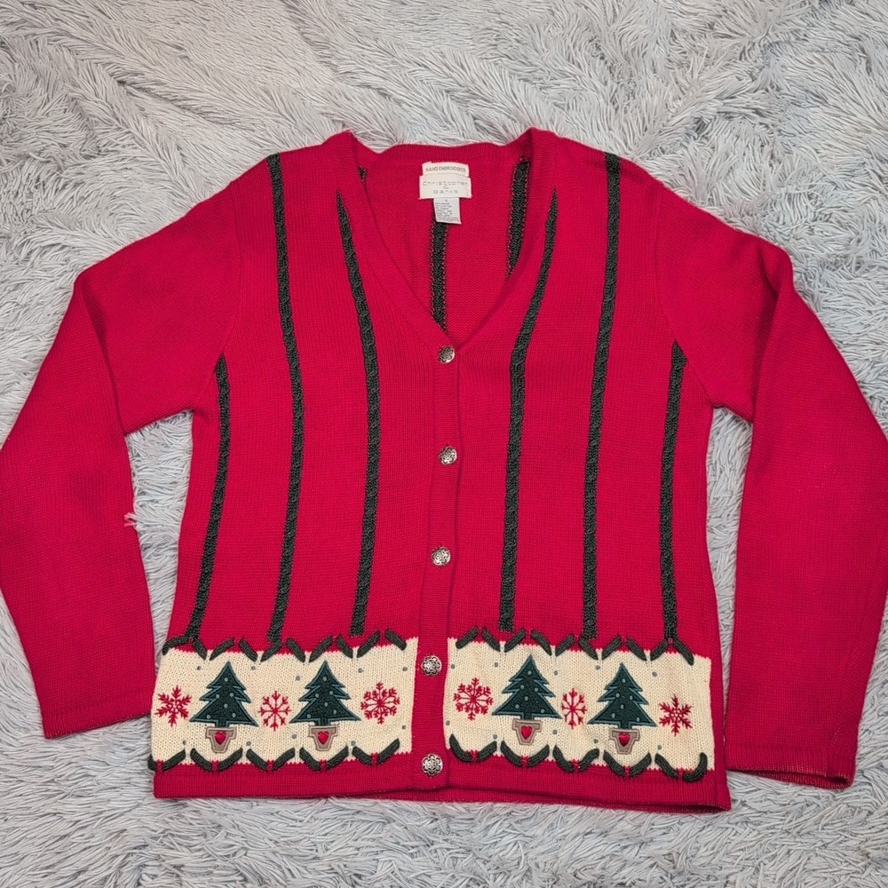 Vintage Christopher & Banks Sweater Womens 8 Red Cardigan Button Up Christmas